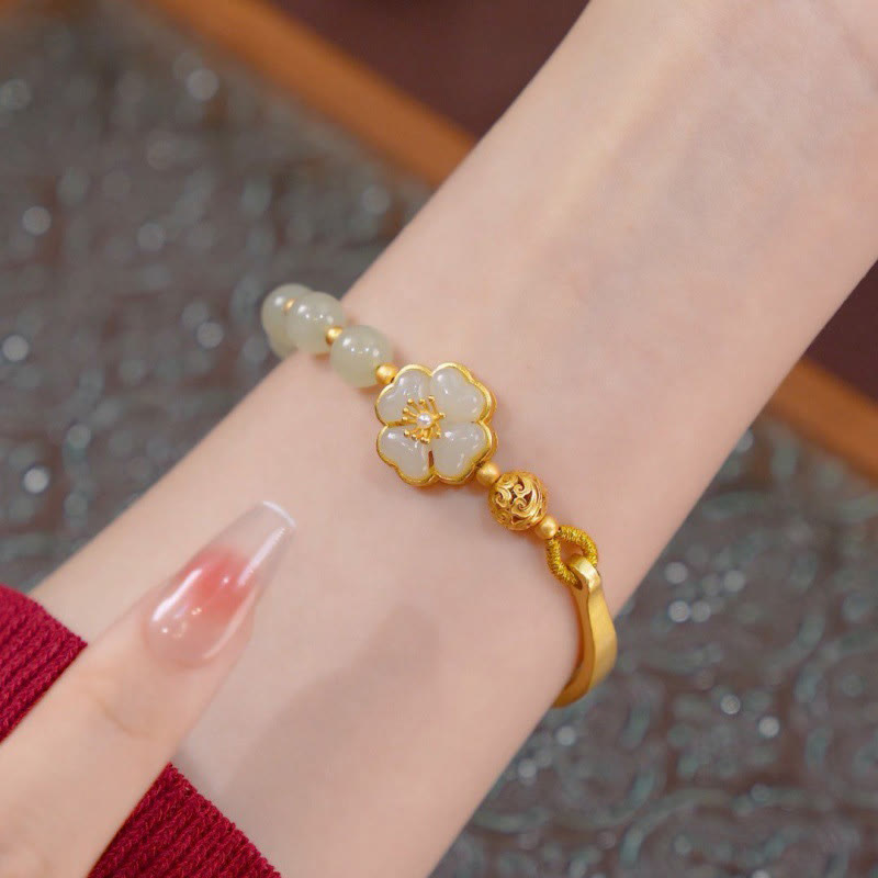 Brazalete de plata de ley 925 con diseño de flor de la suerte y jade hetiano con Buddha Stones