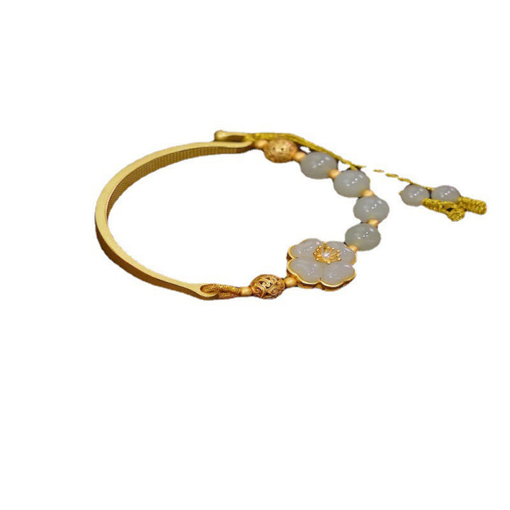 Brazalete de plata de ley 925 con diseño de flor de la suerte y jade hetiano con Buddha Stones