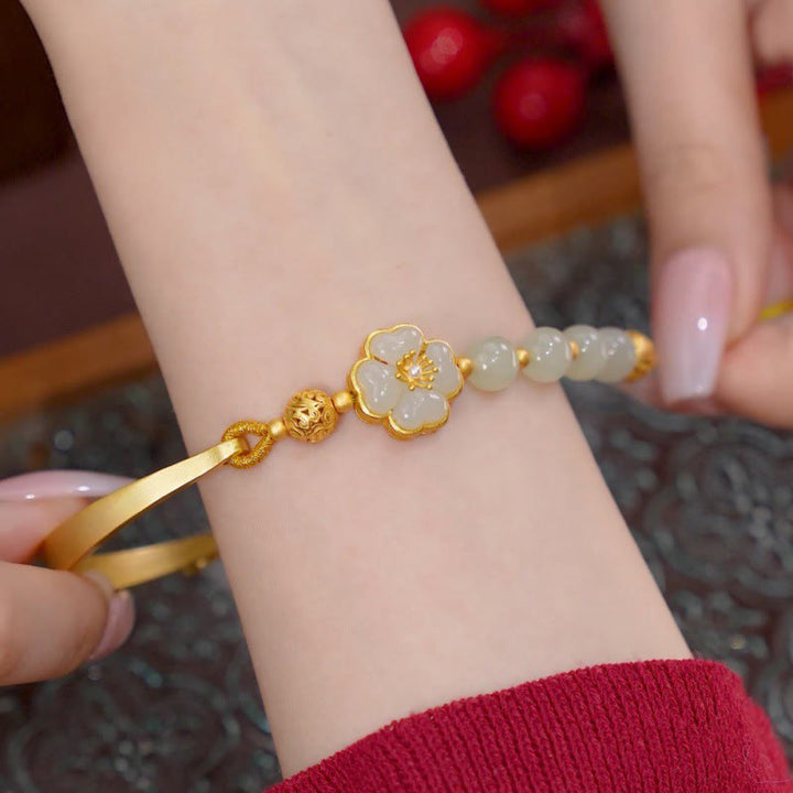 Brazalete de plata de ley 925 con diseño de flor de la suerte y jade hetiano con Buddha Stones