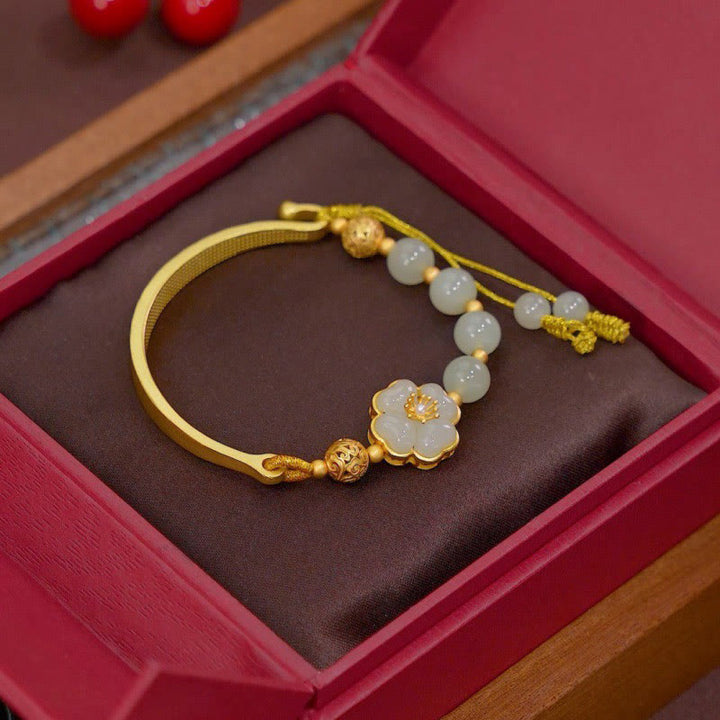 Brazalete de plata de ley 925 con diseño de flor de la suerte y jade hetiano con Buddha Stones