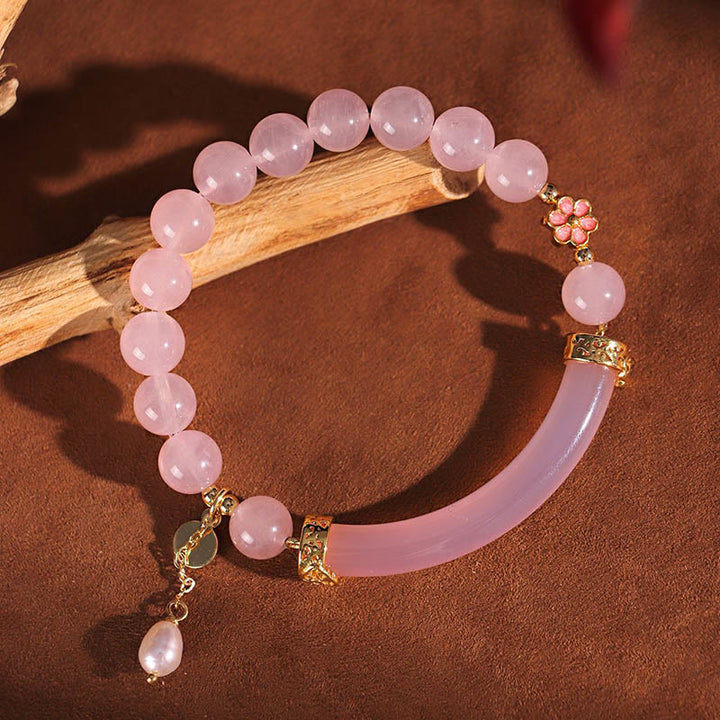 Brazalete tipo brazalete con Buddha Stones, cristal rosa, calcedonia azul y perla - image 1