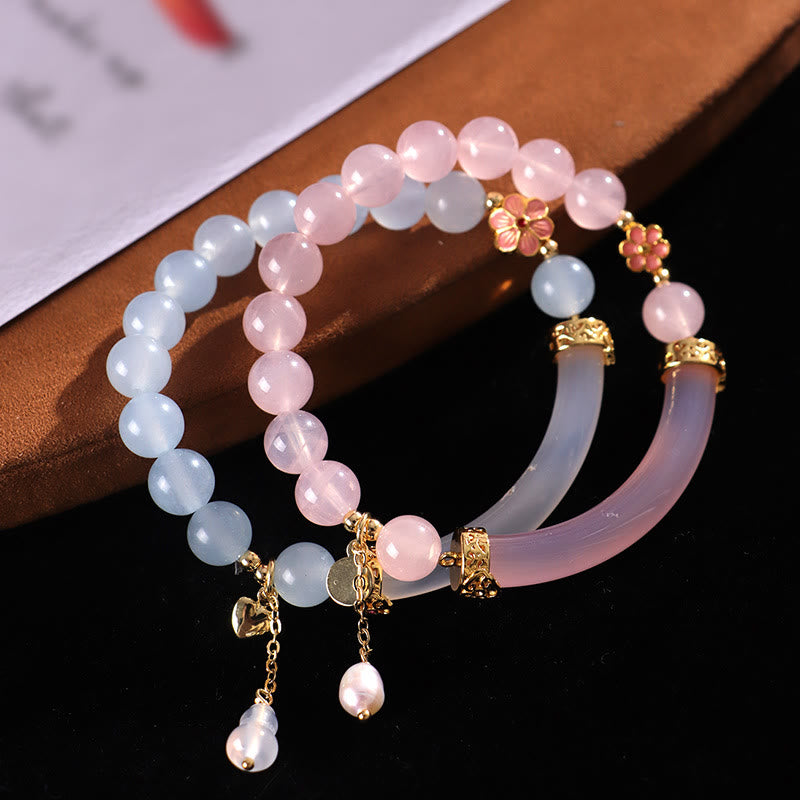 Brazalete tipo brazalete con Buddha Stones, cristal rosa, calcedonia azul y perla - image 10
