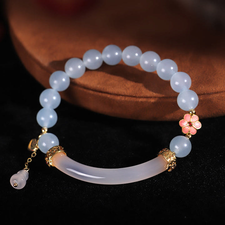 Brazalete tipo brazalete con Buddha Stones, cristal rosa, calcedonia azul y perla - image 9