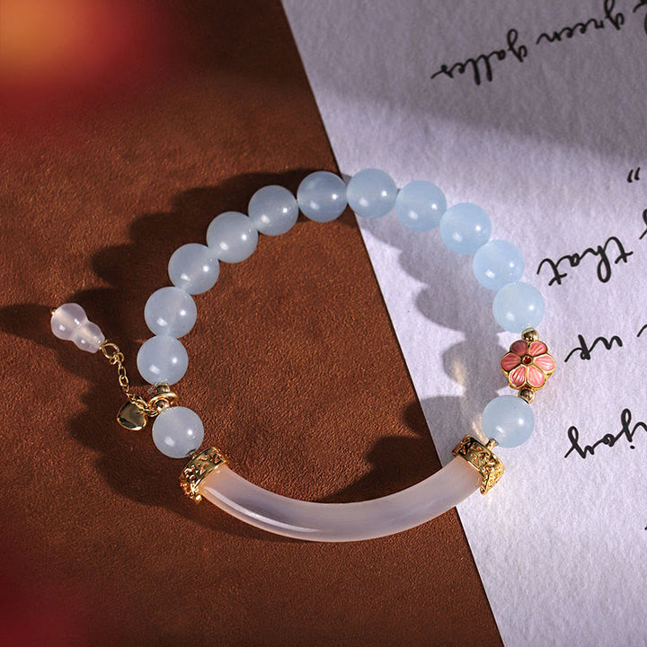 Brazalete tipo brazalete con Buddha Stones, cristal rosa, calcedonia azul y perla - image 11