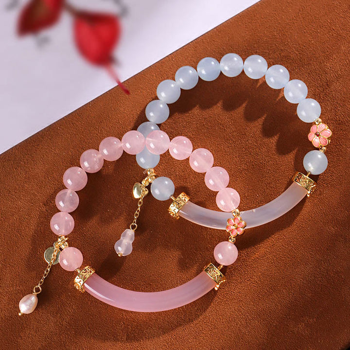Brazalete tipo brazalete con Buddha Stones, cristal rosa, calcedonia azul y perla - image 3