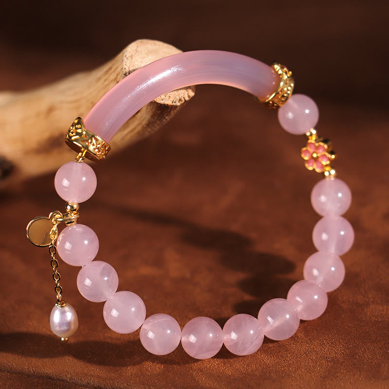 Brazalete tipo brazalete con Buddha Stones, cristal rosa, calcedonia azul y perla - Perla de cristal rosa (Diámetro interior: 52 mm) - image 0
