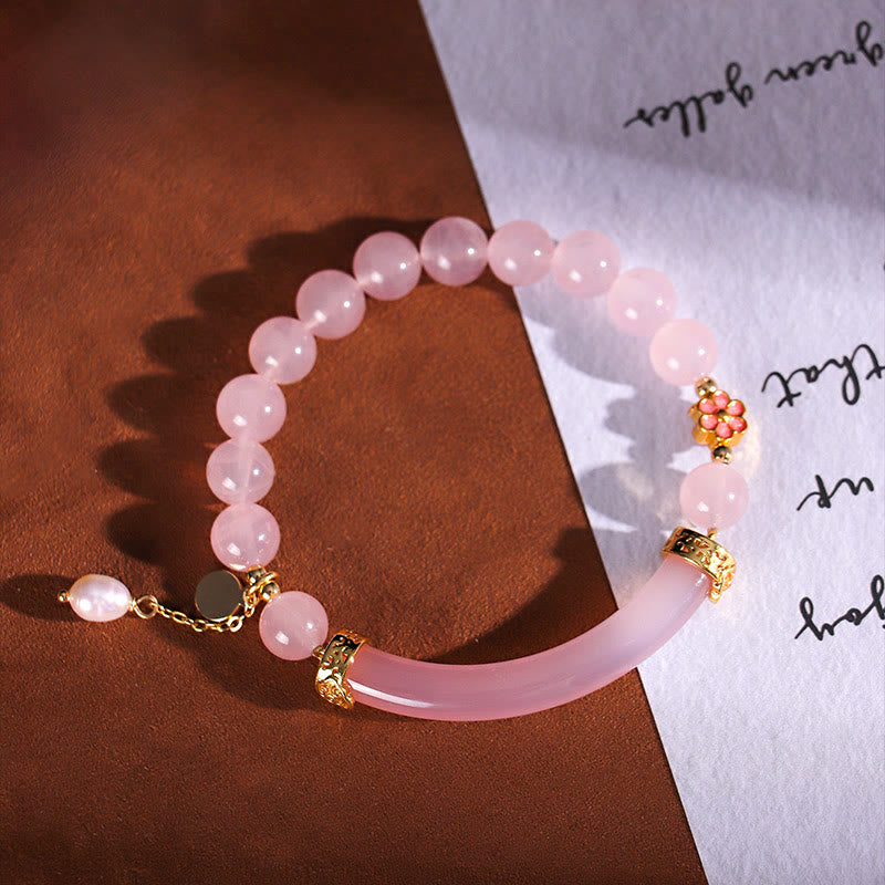 Brazalete tipo brazalete con Buddha Stones, cristal rosa, calcedonia azul y perla - image 4