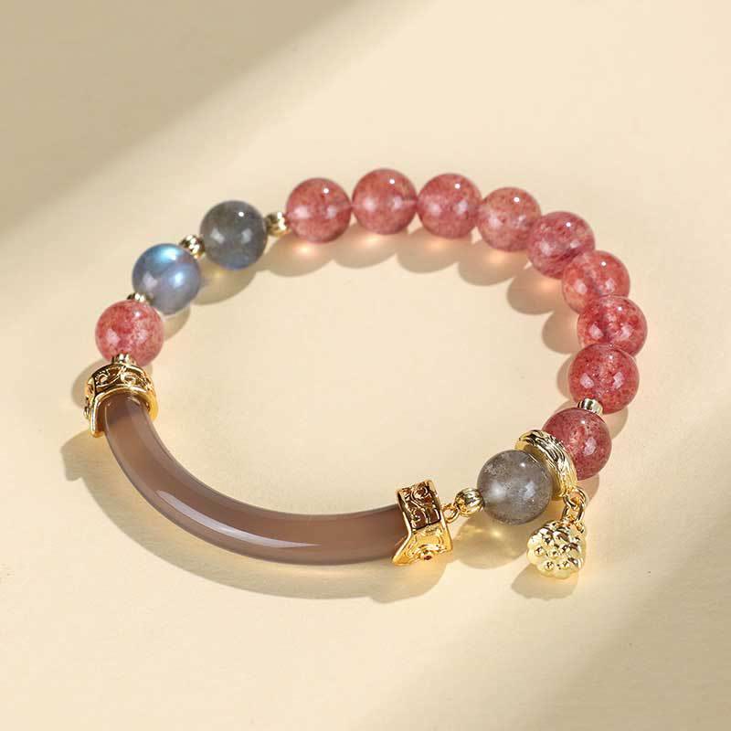 Brazalete tipo brazalete con Buddha Stones , cuarzo fresa, labradorita, fluorita y perla