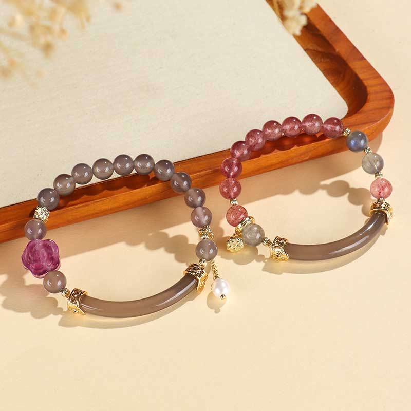 Brazalete tipo brazalete con Buddha Stones , cuarzo fresa, labradorita, fluorita y perla