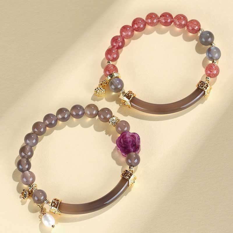 Brazalete tipo brazalete con Buddha Stones , cuarzo fresa, labradorita, fluorita y perla