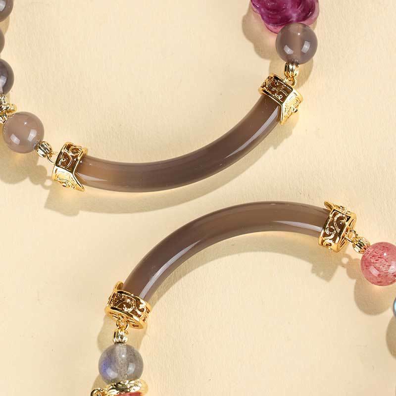 Brazalete tipo brazalete con Buddha Stones , cuarzo fresa, labradorita, fluorita y perla