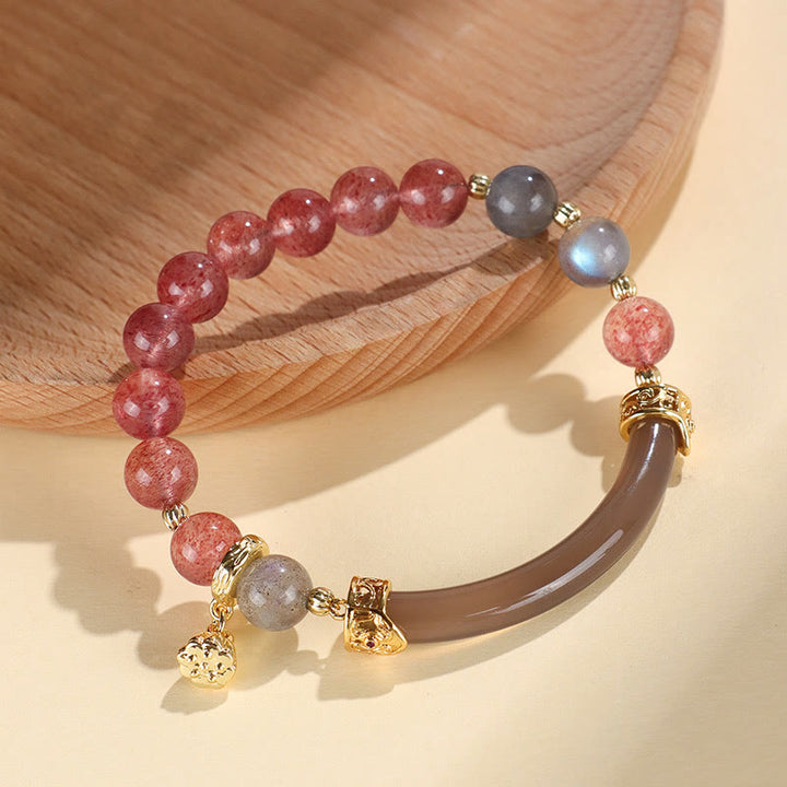 Brazalete tipo brazalete con Buddha Stones , cuarzo fresa, labradorita, fluorita y perla