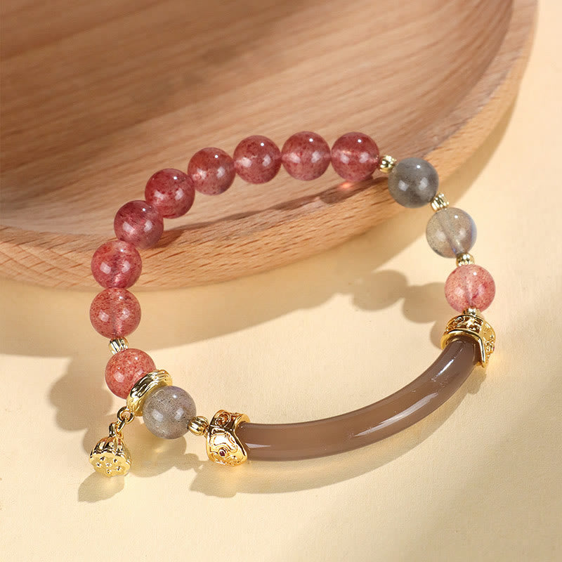 Brazalete tipo brazalete con Buddha Stones , cuarzo fresa, labradorita, fluorita y perla