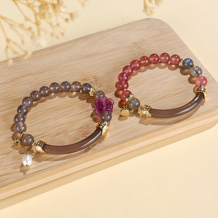 Brazalete tipo brazalete con Buddha Stones , cuarzo fresa, labradorita, fluorita y perla