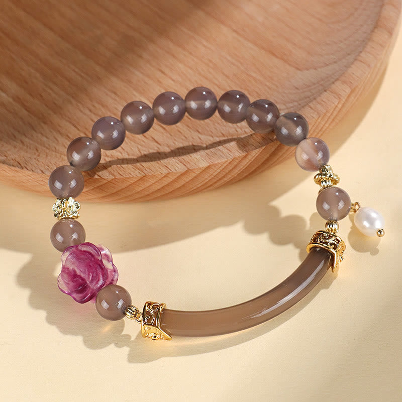 Brazalete tipo brazalete con Buddha Stones , cuarzo fresa, labradorita, fluorita y perla