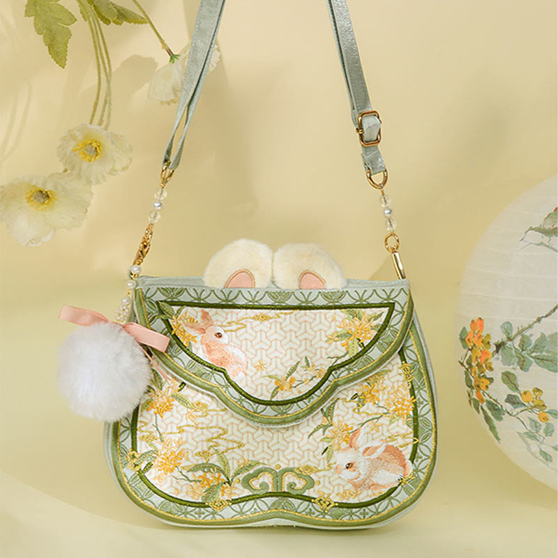 Bolso bandolera con borlas y cadena de bolas de pelo y perlas bordadas con conejo de osmanthus y Buddha Stones
