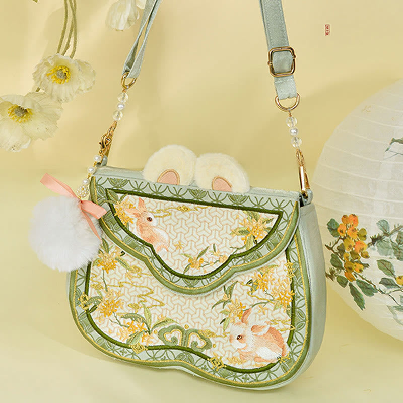 Bolso bandolera con borlas y cadena de bolas de pelo y perlas bordadas con conejo de osmanthus y Buddha Stones