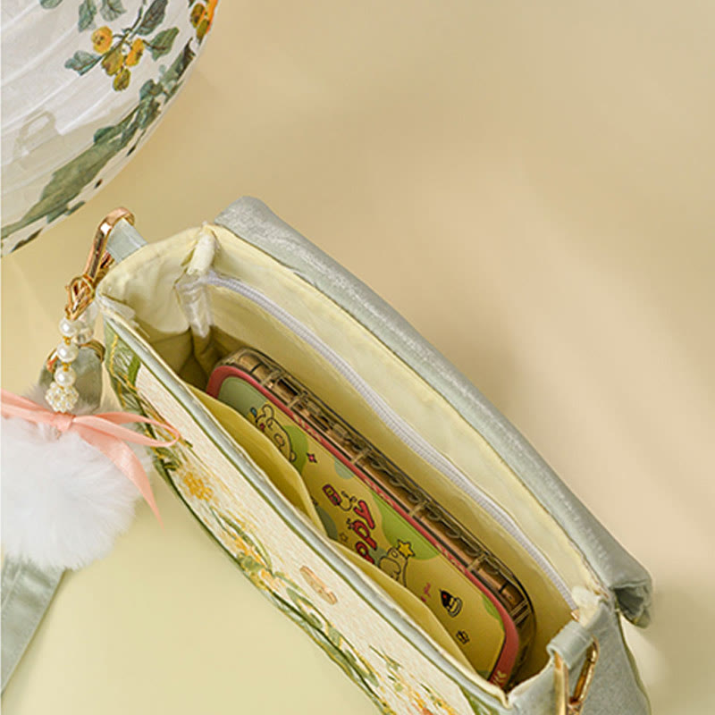 Bolso bandolera con borlas y cadena de bolas de pelo y perlas bordadas con conejo de osmanthus y Buddha Stones