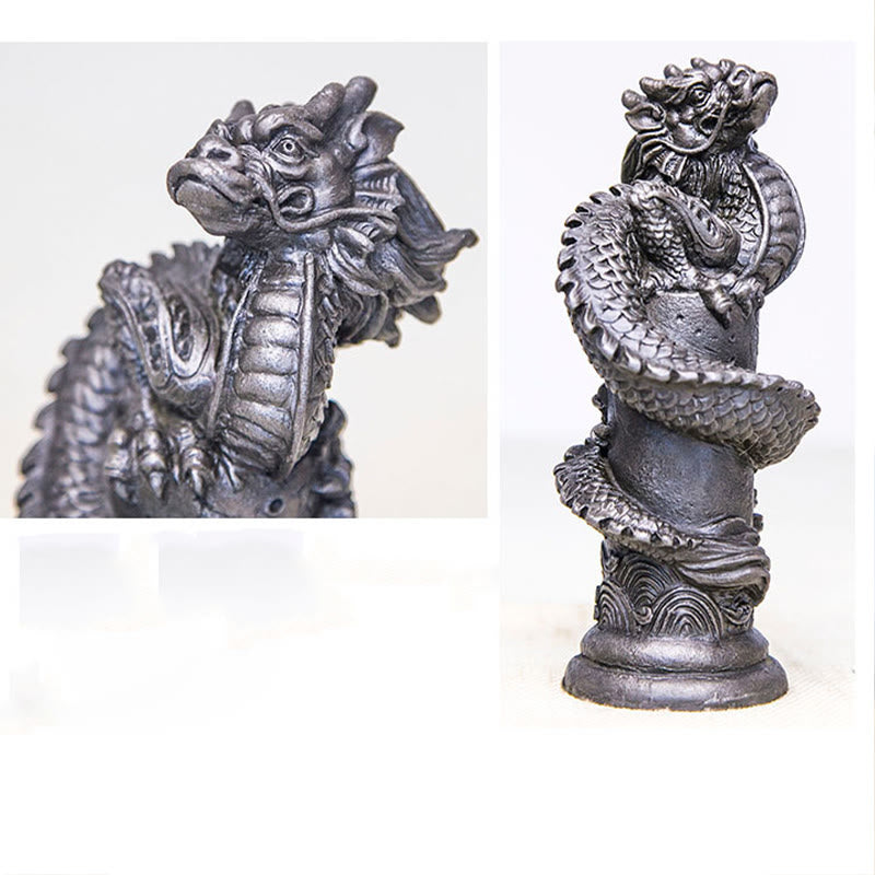 Estatua de resina fundida con óxido de hierro y polvo de Buddha Stones hecha a mano con forma de dragón volador alrededor del pilar para decoración del hogar