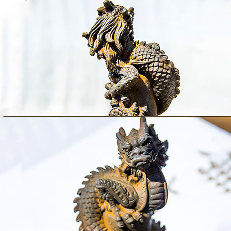 Estatua de resina fundida con óxido de hierro y polvo de Buddha Stones hecha a mano con forma de dragón volador alrededor del pilar para decoración del hogar