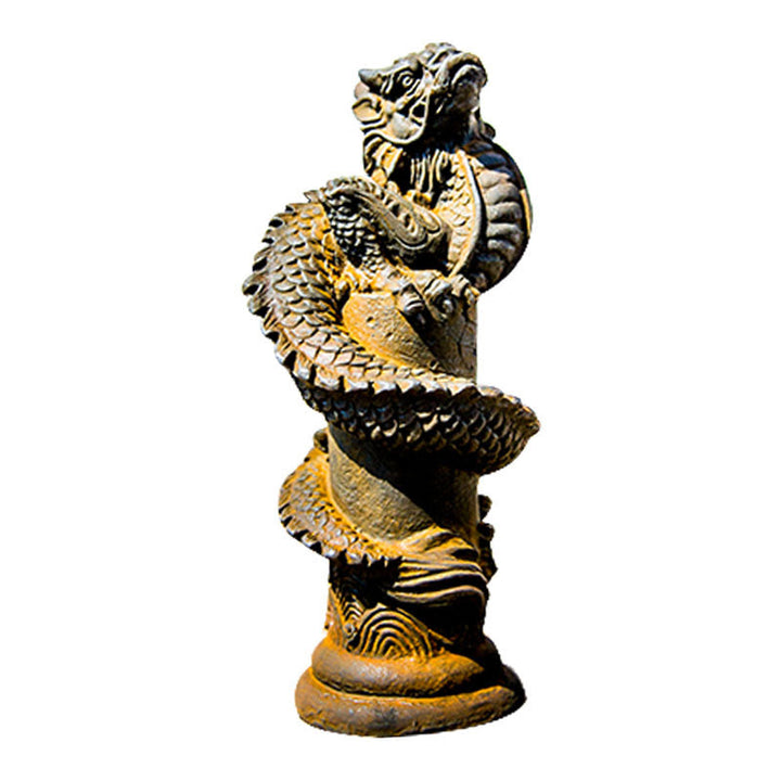 Estatua de resina fundida con óxido de hierro y polvo de Buddha Stones hecha a mano con forma de dragón volador alrededor del pilar para decoración del hogar