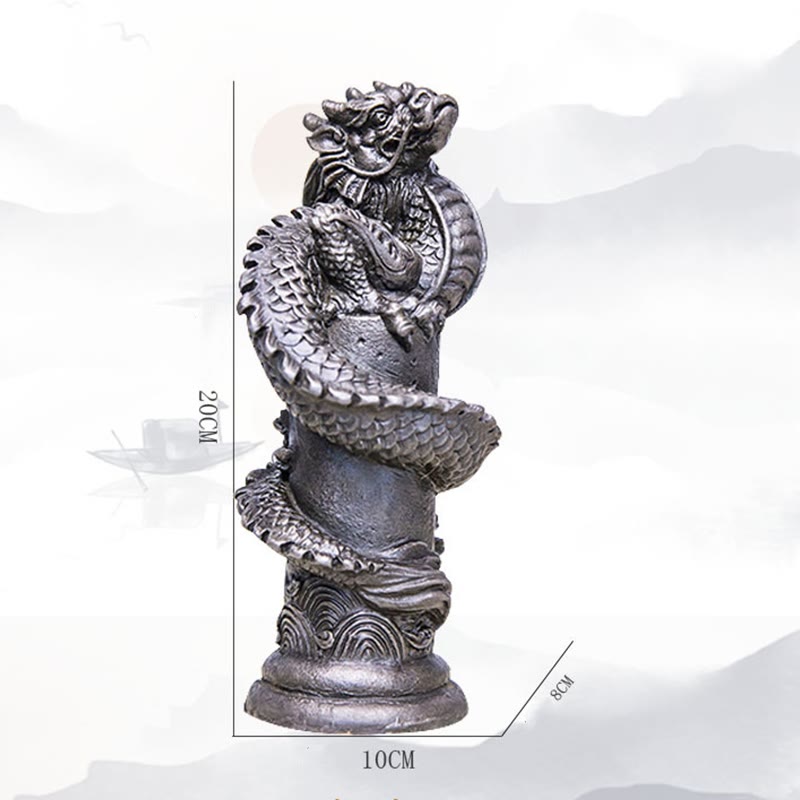 Estatua de resina fundida con óxido de hierro y polvo de Buddha Stones hecha a mano con forma de dragón volador alrededor del pilar para decoración del hogar