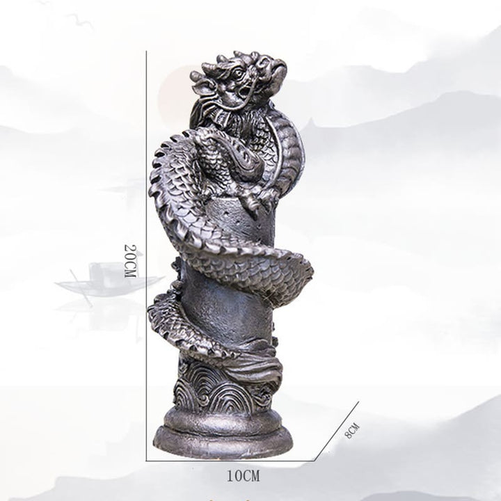 Estatua de resina fundida con óxido de hierro y polvo de Buddha Stones hecha a mano con forma de dragón volador alrededor del pilar para decoración del hogar