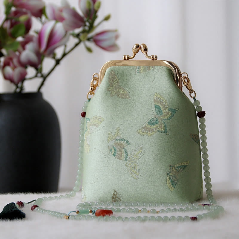 Bolso bandolera con cadena de perlas y bordado chino retro con Buddha Stones - Mariposa verde pálido 14*6*18 cm - image 3
