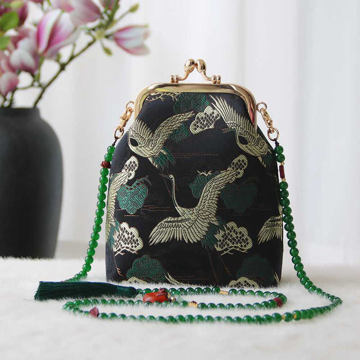Bolso bandolera con cadena de perlas y bordado chino retro con Buddha Stones - Grúa negra 14*6*18cm - image 1
