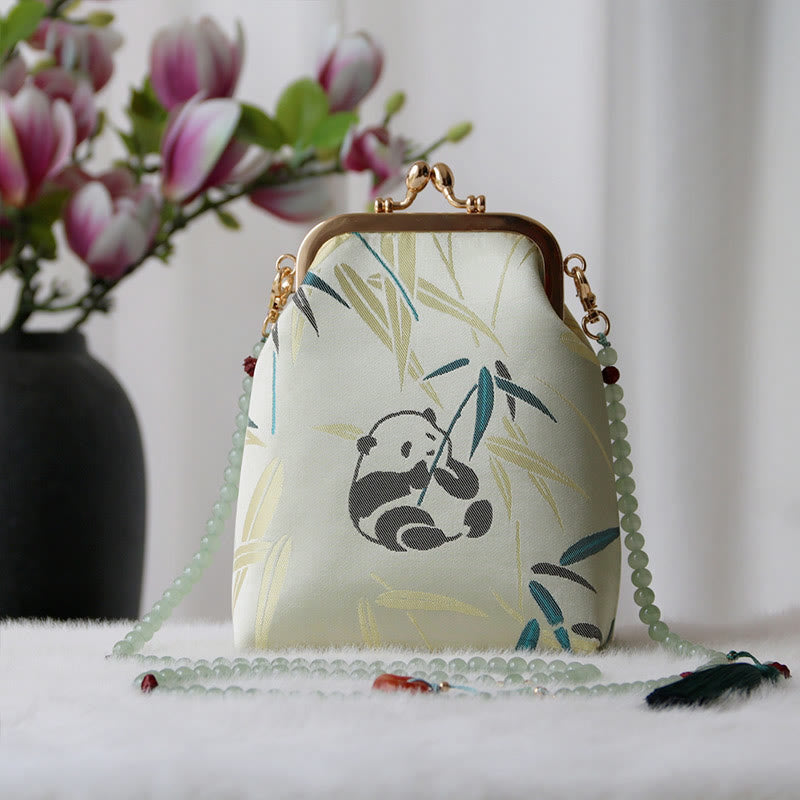 Bolso bandolera con cadena de perlas y bordado chino retro con Buddha Stones - Panda de bambú verde pálido 14 x 6 x 18 cm - image 7