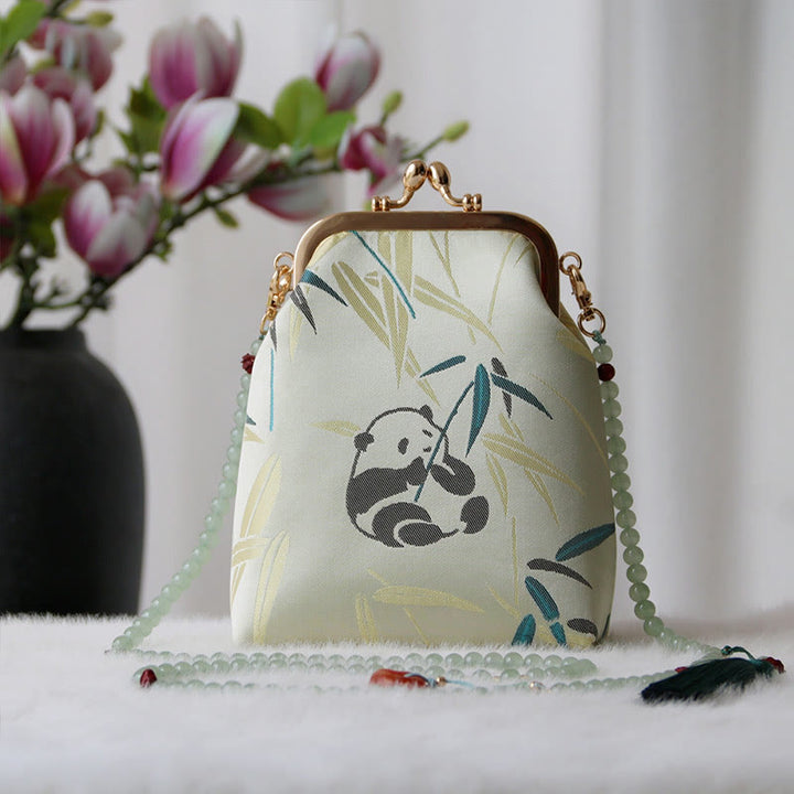 Bolso bandolera con cadena de perlas y bordado chino retro con Buddha Stones - Panda de bambú verde pálido 14 x 6 x 18 cm - image 7