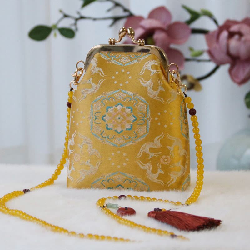 Bolso bandolera con cadena de perlas y bordado chino retro con Buddha Stones - Flor de ciervo dorada 14*6*18cm - image 9