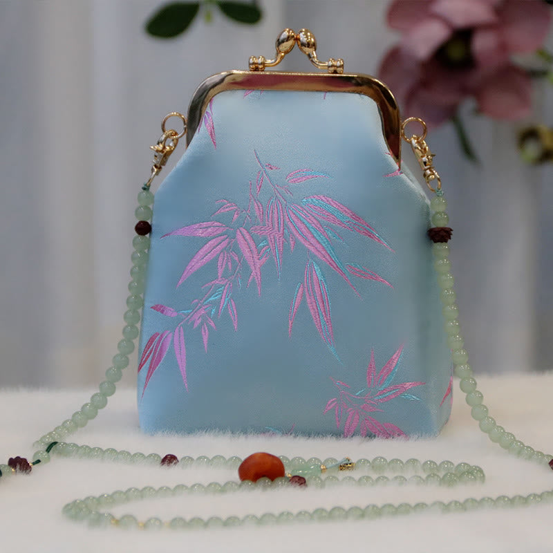 Bolso bandolera con cadena de perlas y bordado chino retro con Buddha Stones - Hojas de bambú azul cielo claro 14 x 6 x 18 cm - image 10