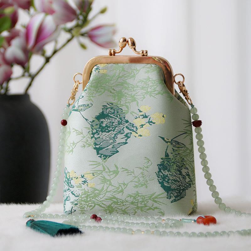 Bolso bandolera con cadena de perlas y bordado chino retro con Buddha Stones - Hojas de aguamarina 14*6*18cm - image 17