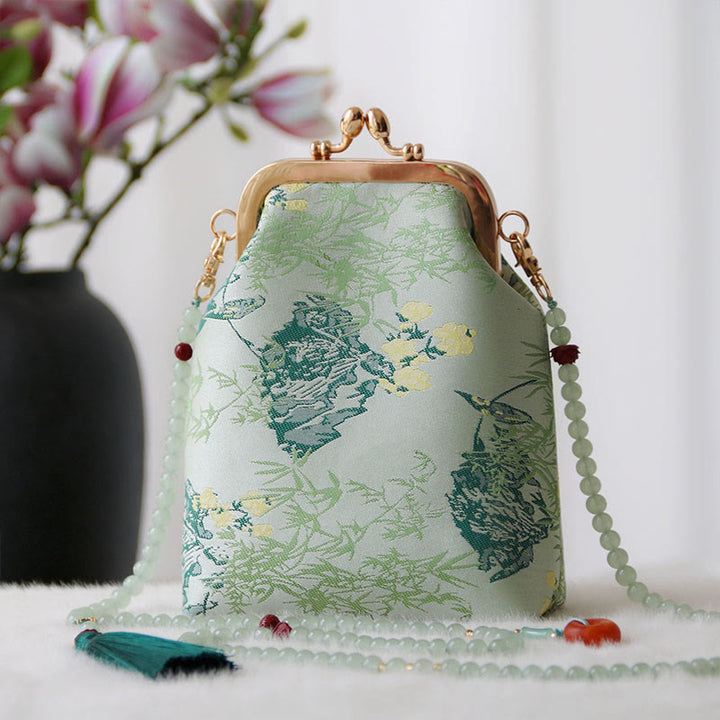 Bolso bandolera con cadena de perlas y bordado chino retro con Buddha Stones - Hojas de aguamarina 14*6*18cm - image 17