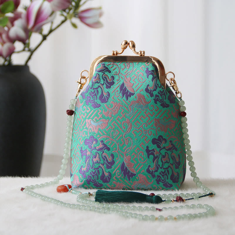 Bolso bandolera con cadena de perlas y bordado chino retro con Buddha Stones - Flor verde primaveral mediana 14 x 6 x 18 cm - image 18