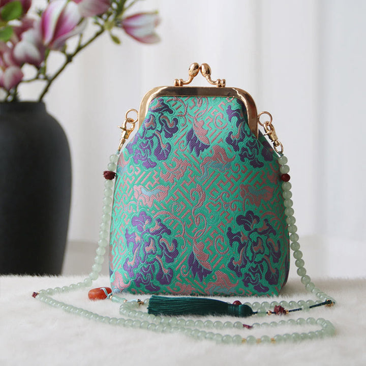 Bolso bandolera con cadena de perlas y bordado chino retro con Buddha Stones - Flor verde primaveral mediana 14 x 6 x 18 cm - image 18
