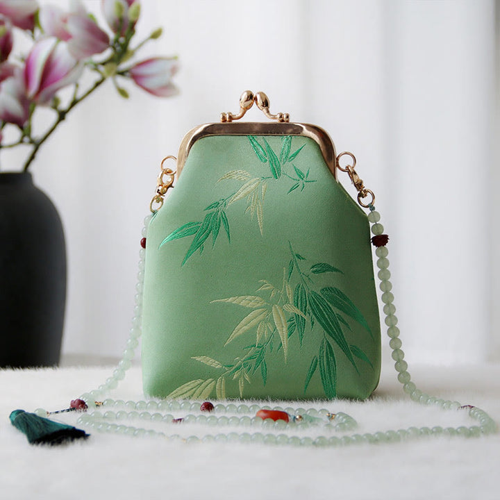 Bolso bandolera con cadena de perlas y bordado chino retro con Buddha Stones - Hojas de bambú SpringGreen 14 x 6 x 18 cm - image 16