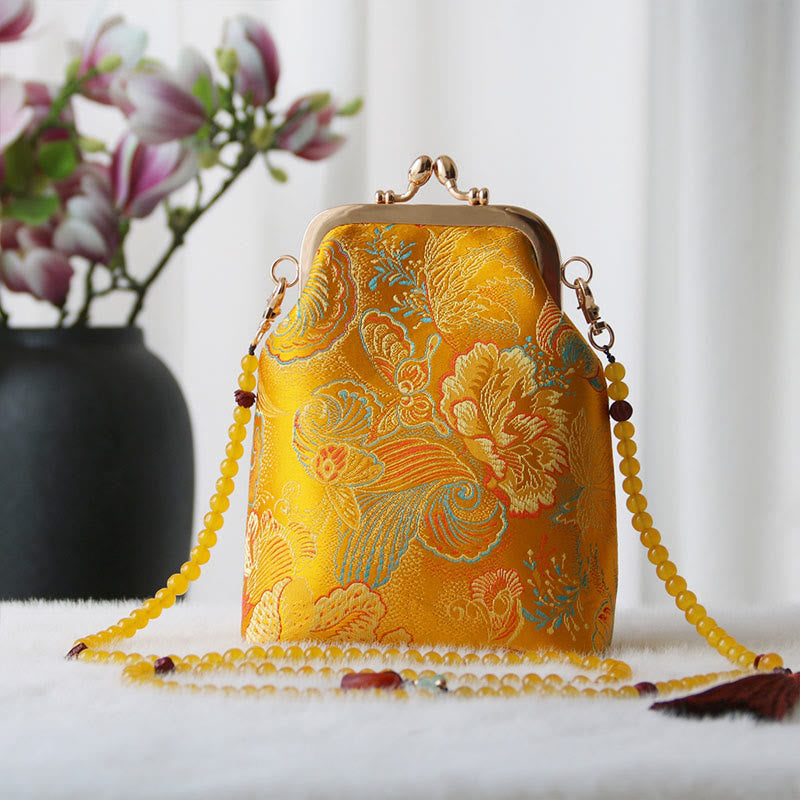 Bolso bandolera con cadena de perlas y bordado chino retro con Buddha Stones - Flor dorada 14*6*18cm - image 21