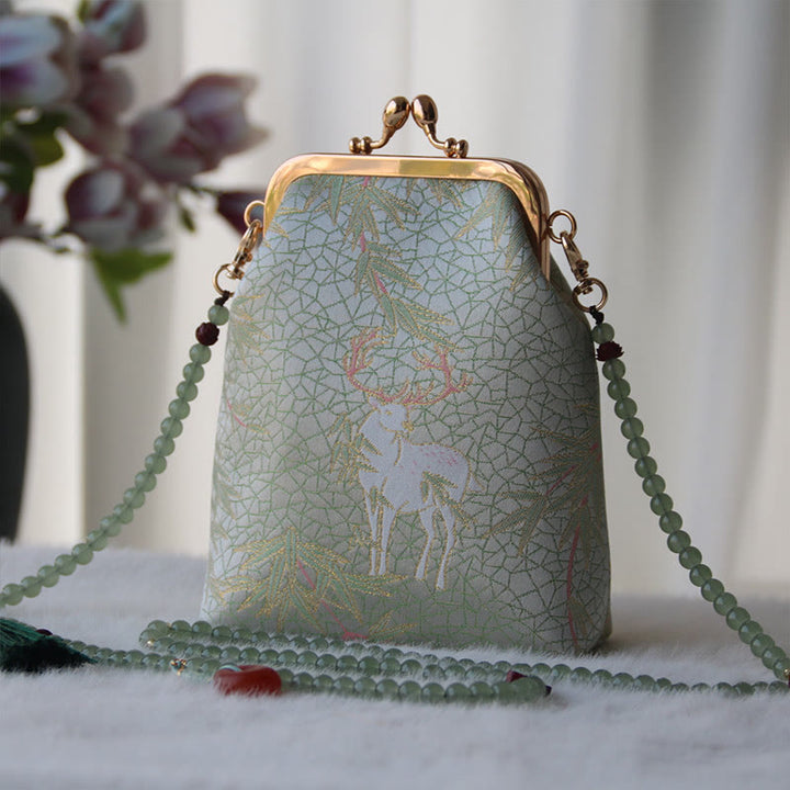 Bolso bandolera con cadena de perlas y bordado chino retro con Buddha Stones - Ciervo verde marino oscuro 14 x 6 x 18 cm - image 22