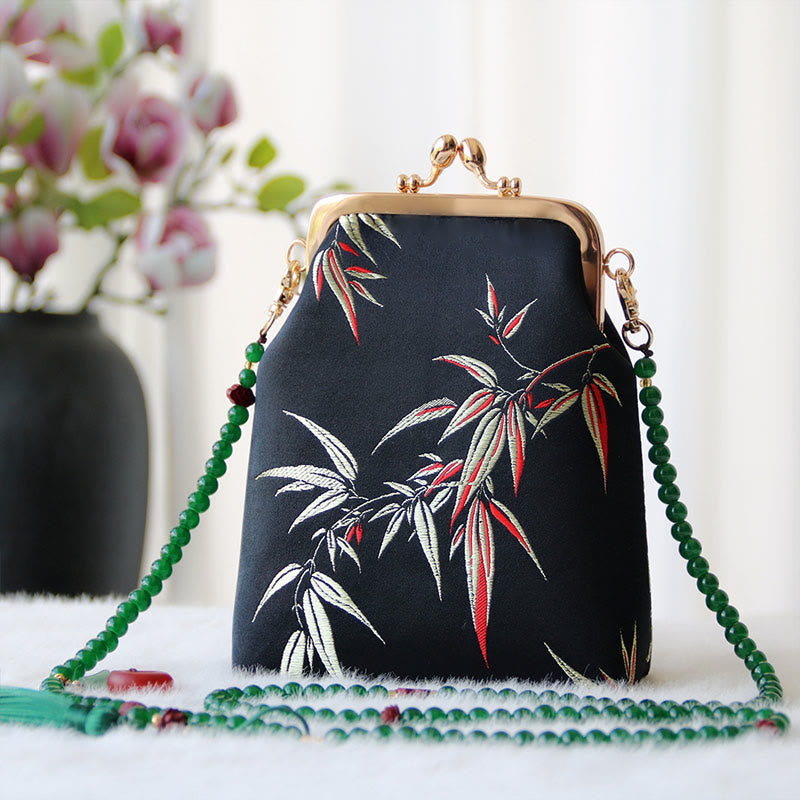 Bolso bandolera con cadena de perlas y bordado chino retro con Buddha Stones - Hojas de bambú negro 14 x 6 x 18 cm - image 24