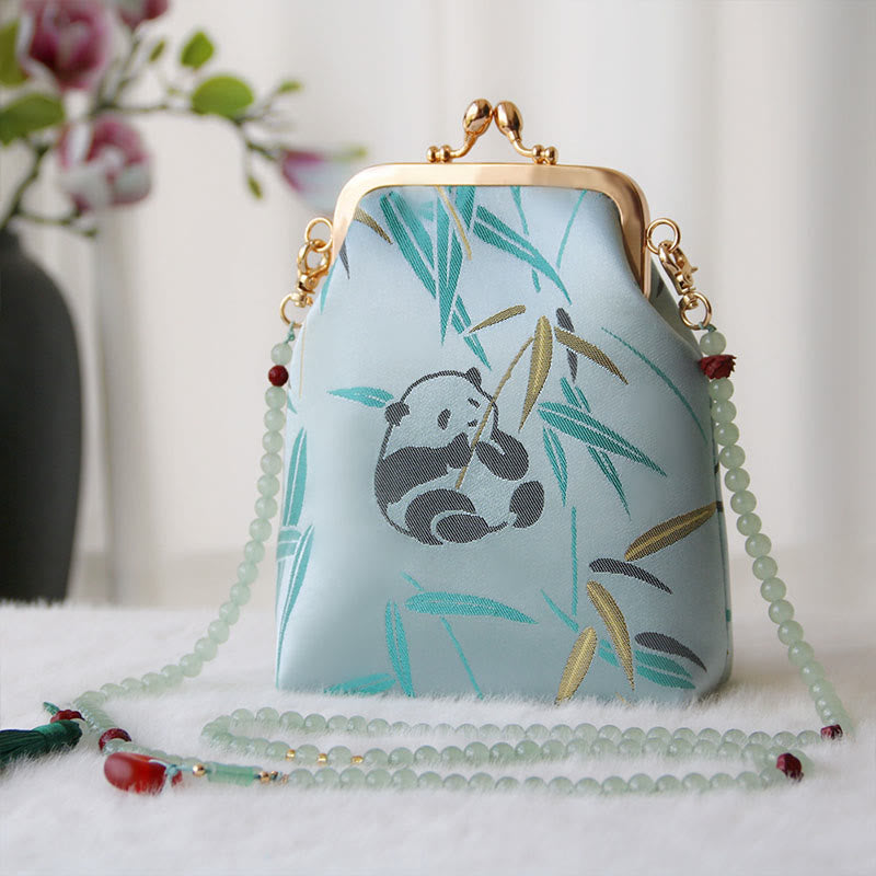 Bolso bandolera con cadena de perlas y bordado chino retro con Buddha Stones - Panda de bambú cian 14*6*18 cm - image 23