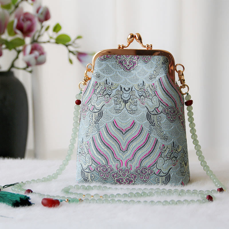 Bolso bandolera con cadena de perlas y bordado chino retro con Buddha Stones - Nubes auspiciosas azul cielo claro 14 x 6 x 18 cm - image 25