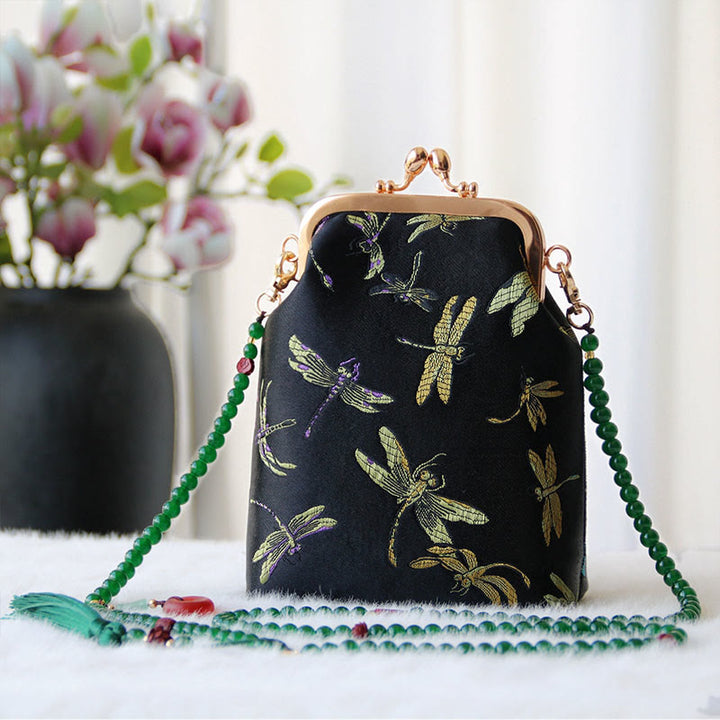 Bolso bandolera con cadena de perlas y bordado chino retro con Buddha Stones - Libélula negra 14*6*18cm - image 26