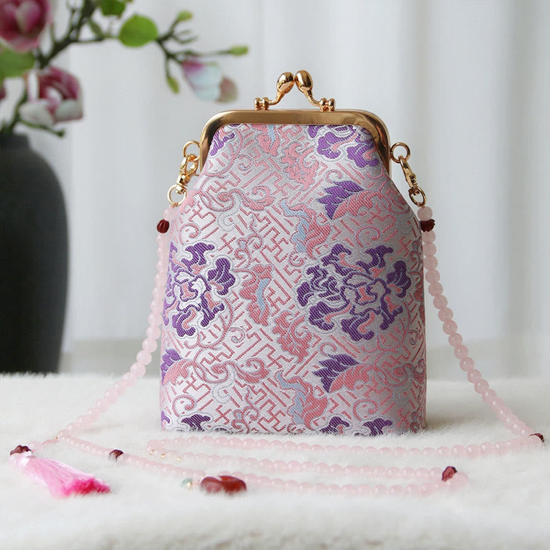 Bolso bandolera con cadena de perlas y bordado chino retro con Buddha Stones - Flor rosa claro 14*6*18cm - image 31