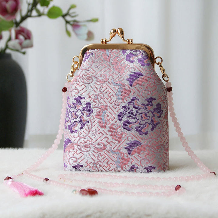 Bolso bandolera con cadena de perlas y bordado chino retro con Buddha Stones - Flor rosa claro 14*6*18cm - image 31