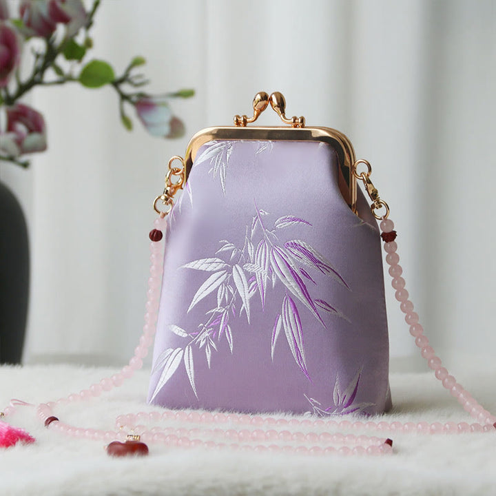 Bolso bandolera con cadena de perlas y bordado chino retro con Buddha Stones - Hojas de bambú violeta 14*6*18cm - image 32
