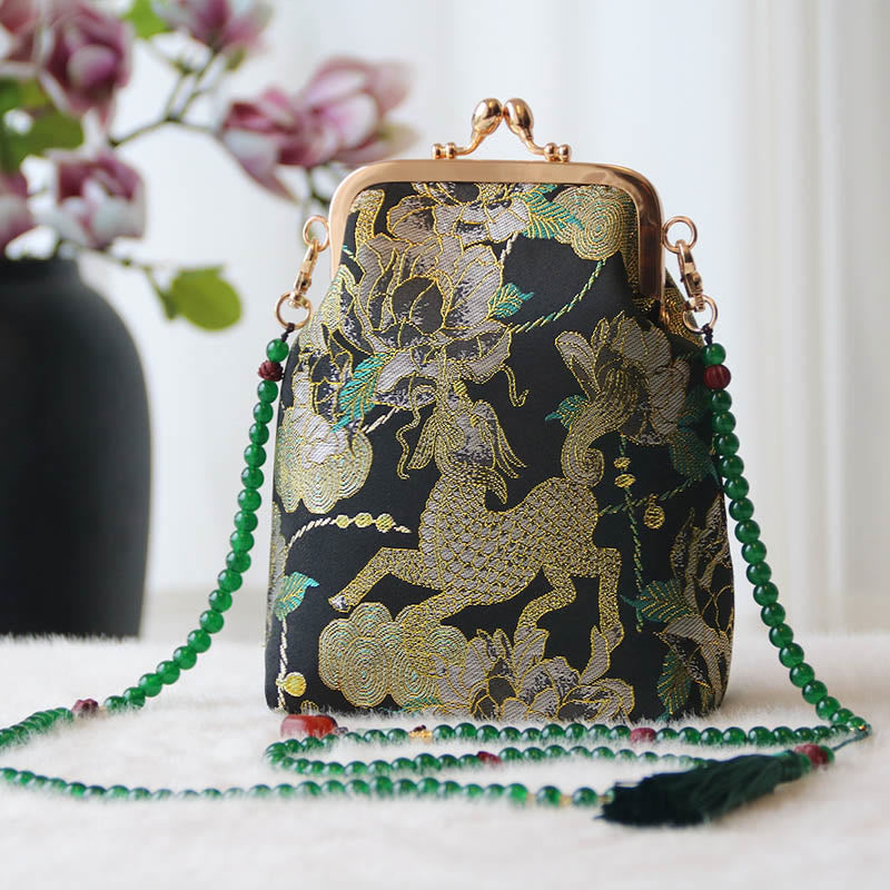 Bolso bandolera con cadena de perlas y bordado chino retro con Buddha Stones - Peonía Kirin Negra 14*6*18cm - image 35