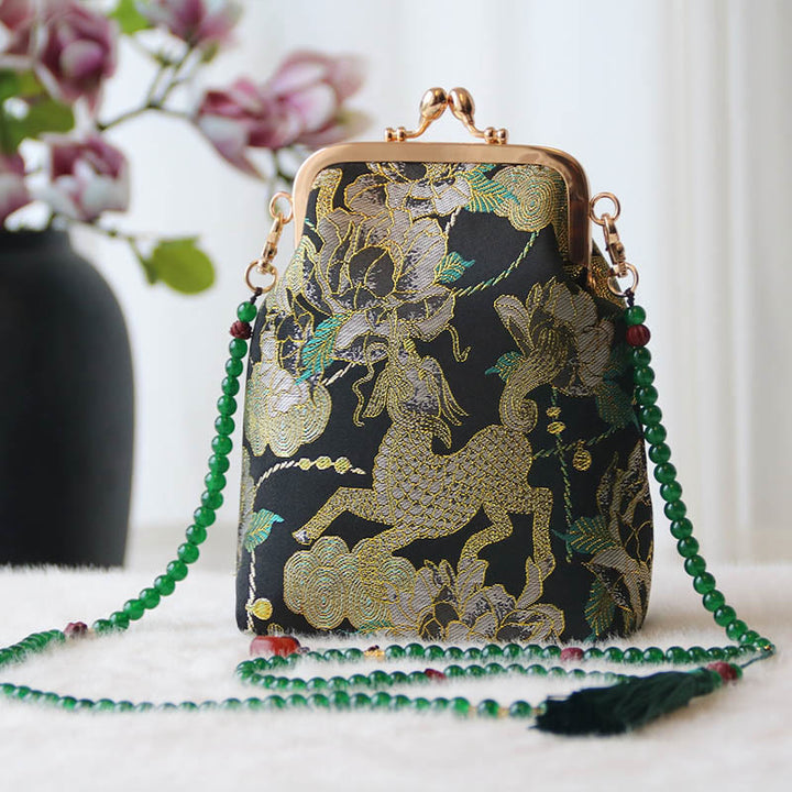 Bolso bandolera con cadena de perlas y bordado chino retro con Buddha Stones - Peonía Kirin Negra 14*6*18cm - image 35