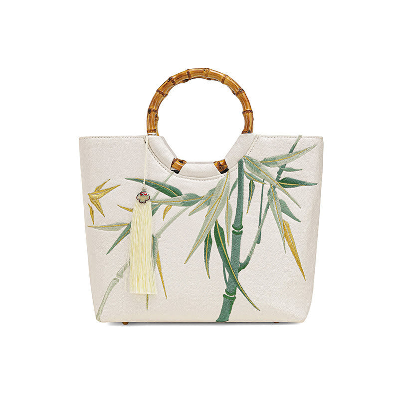 Bolsos de mano con borlas y asas de bambú bordadas con Buddha Stones